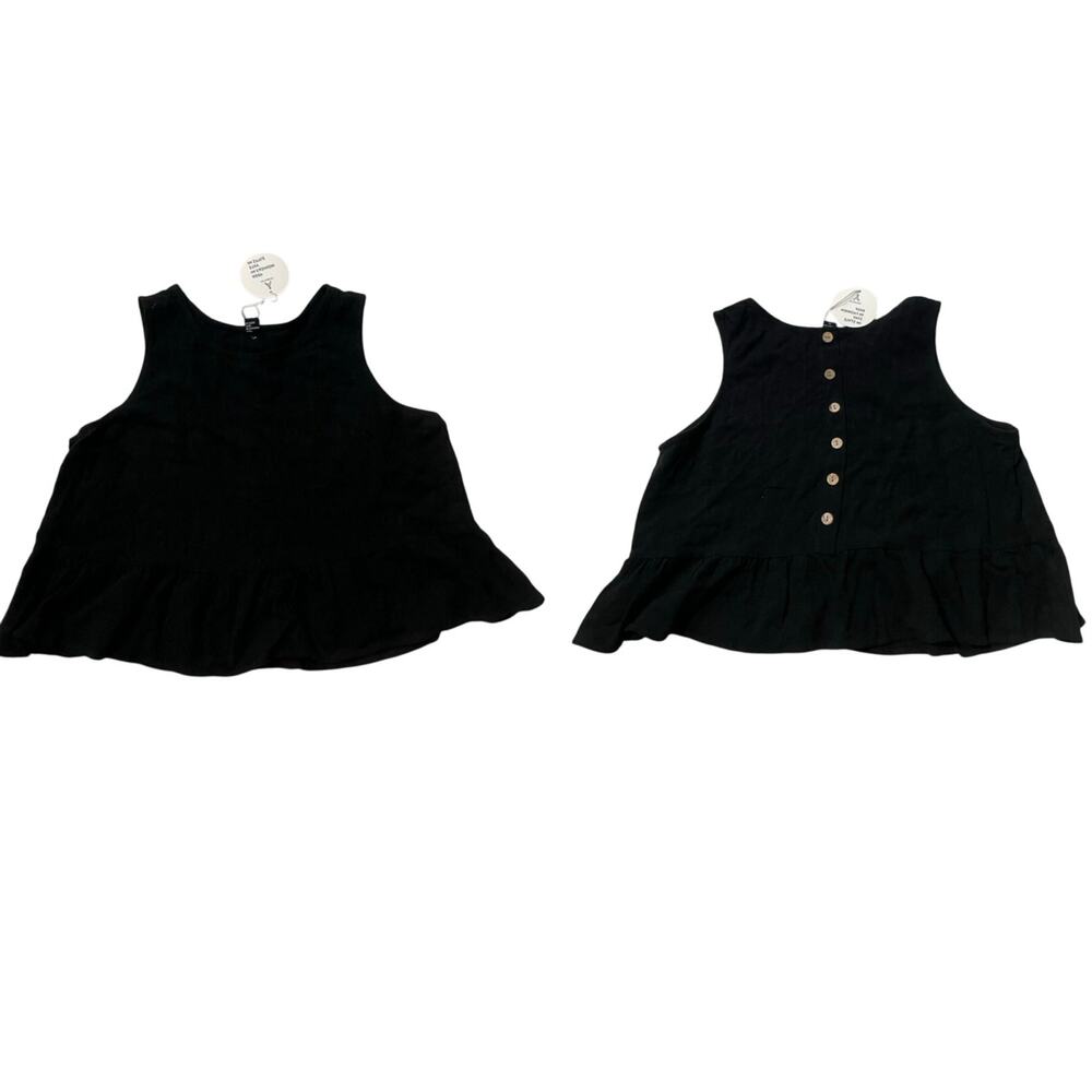 NWT Anrabess Sleeveless Linen Top Blouse Peplum Tank Button Back Sz Medium Black